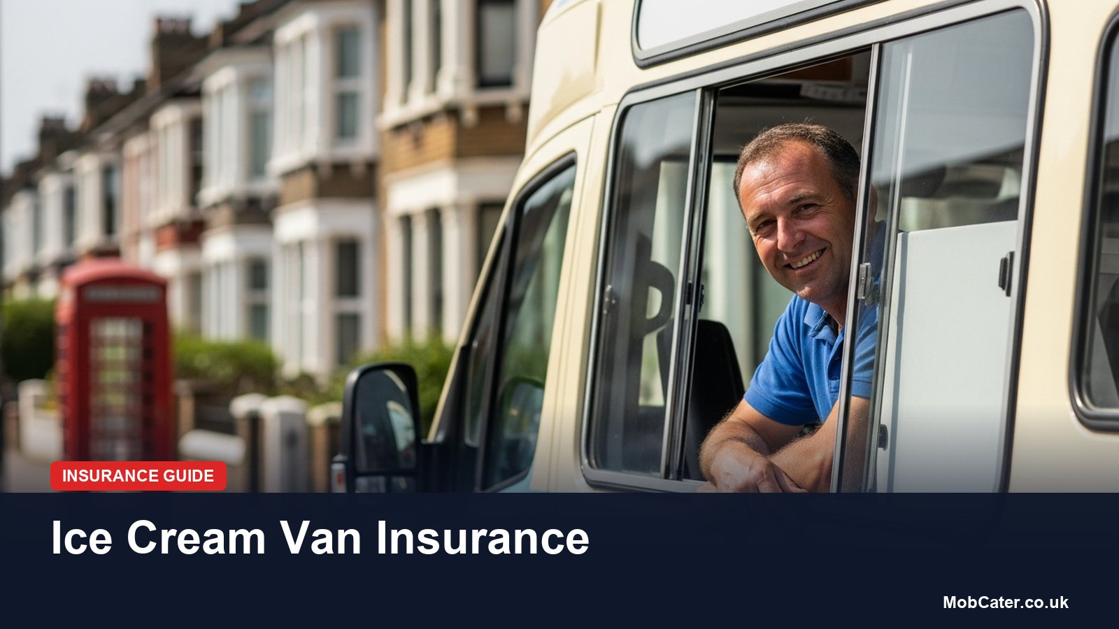 A smiling ice cream van owner leaning out of his van's serving window on a British street