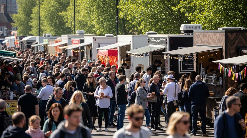 A busy UK outdoor street food market with catering trailers and crowds