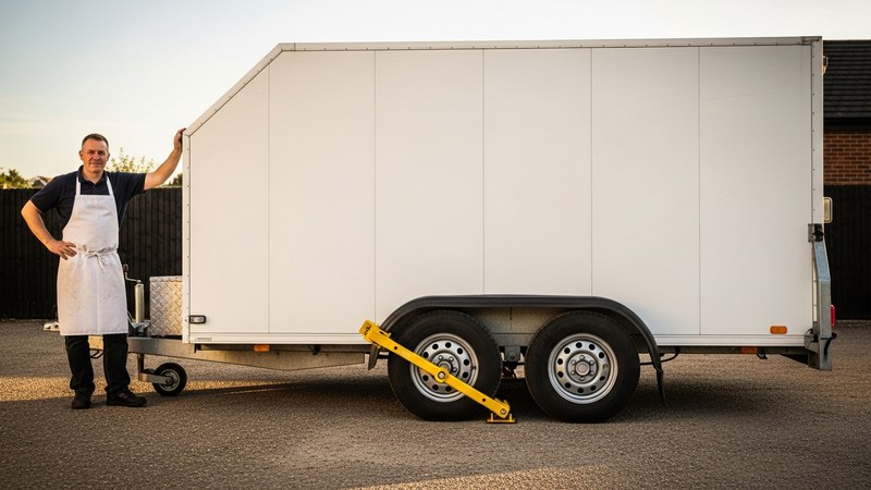 A UK mobile caterer beside his securely locked catering trailer with a wheel clamp and hitch lock fitted