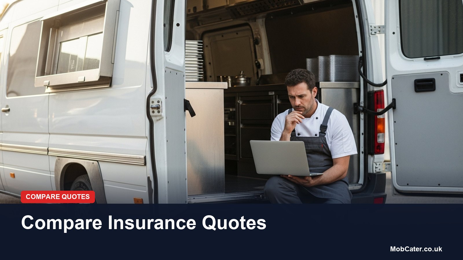 A mobile caterer comparing insurance quotes on a laptop beside his catering van
