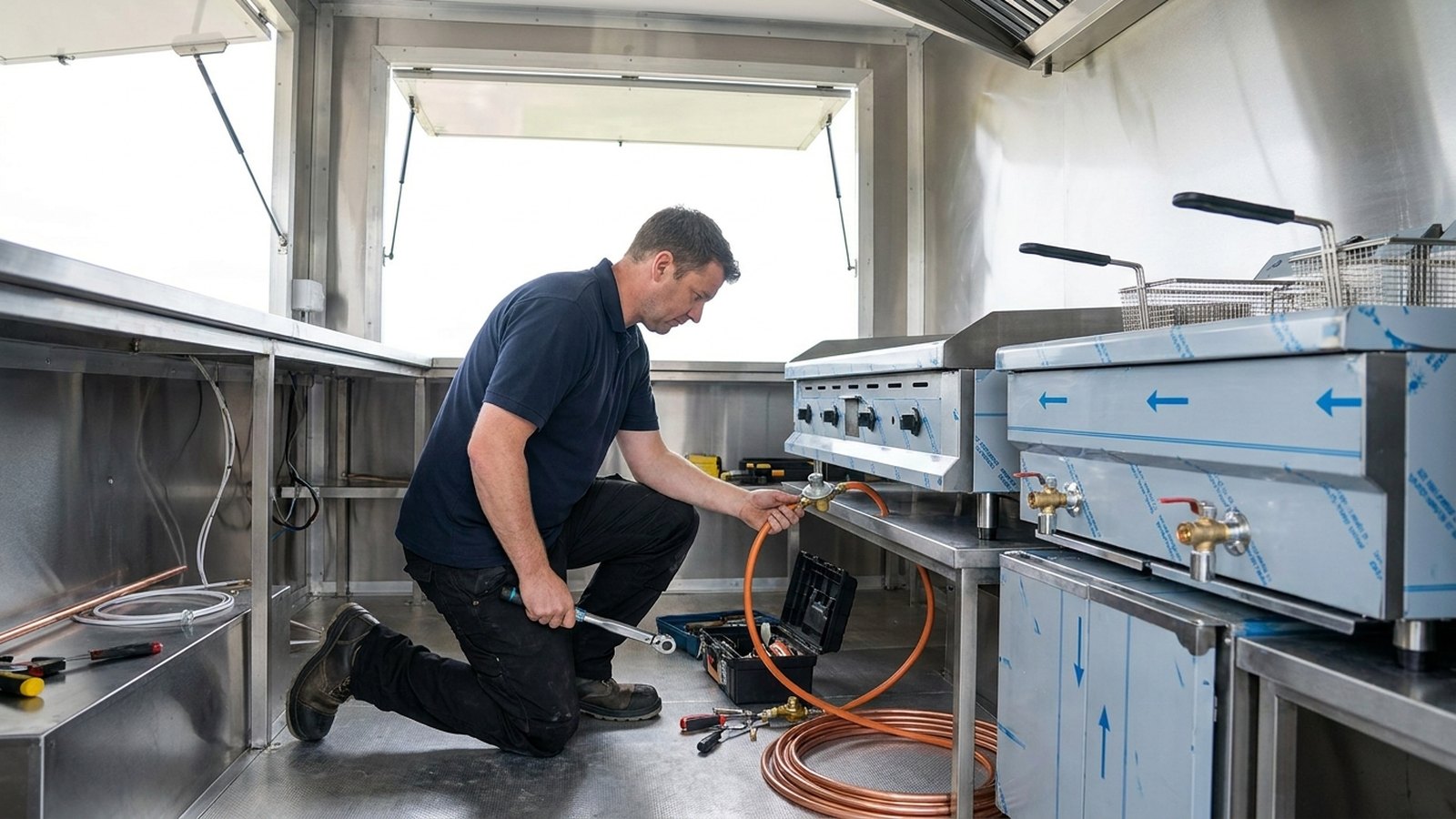 Gas Safe engineer fitting brand new LPG equipment inside a mobile catering trailer
