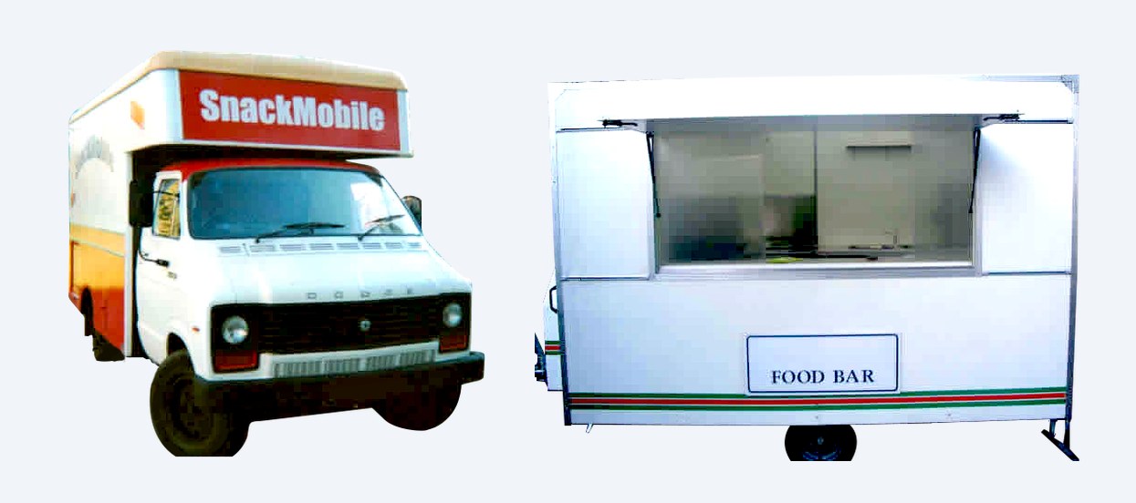 David Hinton's first two mobile catering vehicles - the SnackMobile van and the Food Bar trailer