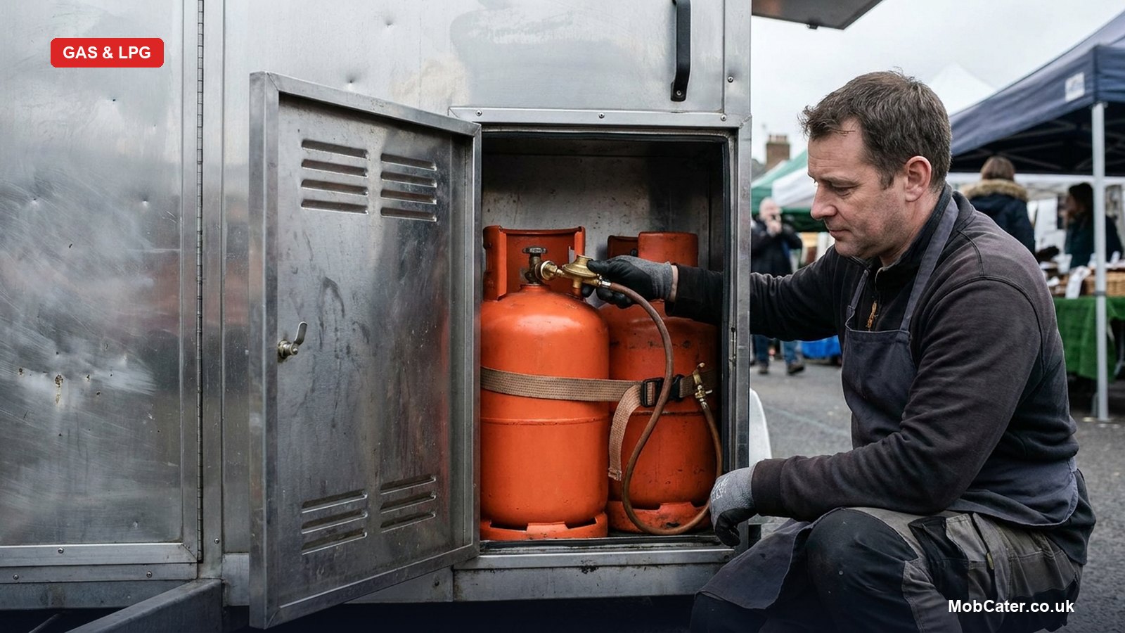 Orange propane gas bottles in a ventilated bottle locker on the outside of a UK mobile catering trailer