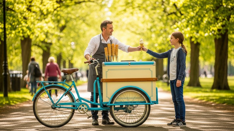 A vintage-style ice cream tricycle bike with a built-in freezer serving a scoop cone in a sunny UK park