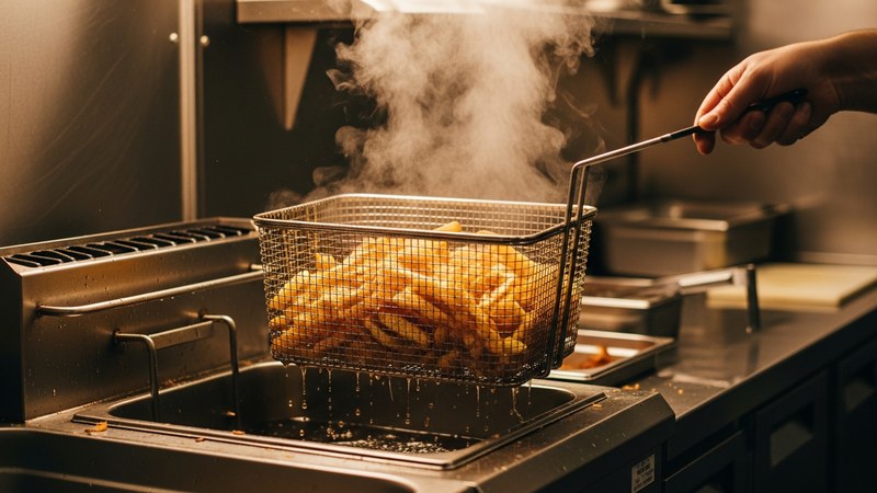 Golden chips lifted in a basket from a stainless steel commercial deep fryer
