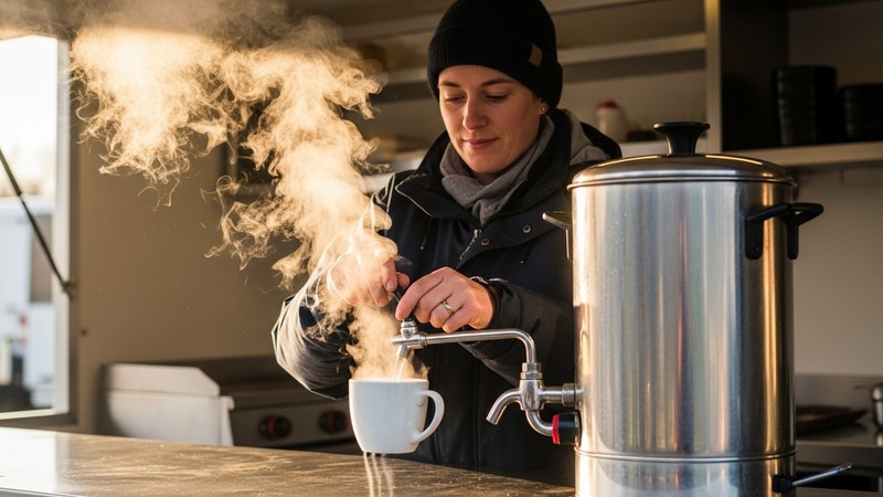 A mobile caterer dispensing steaming hot water from a stainless water boiler on a cold morning