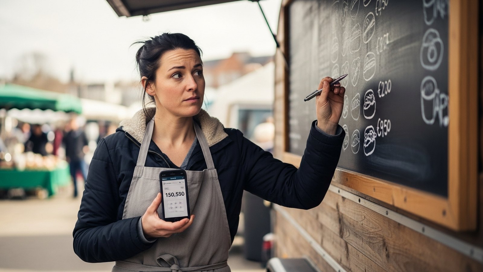 A caterer working out her menu prices beside her trailer's chalkboard