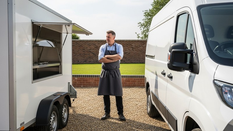 A UK mobile caterer standing between a white catering trailer and a catering van, deciding which suits his business