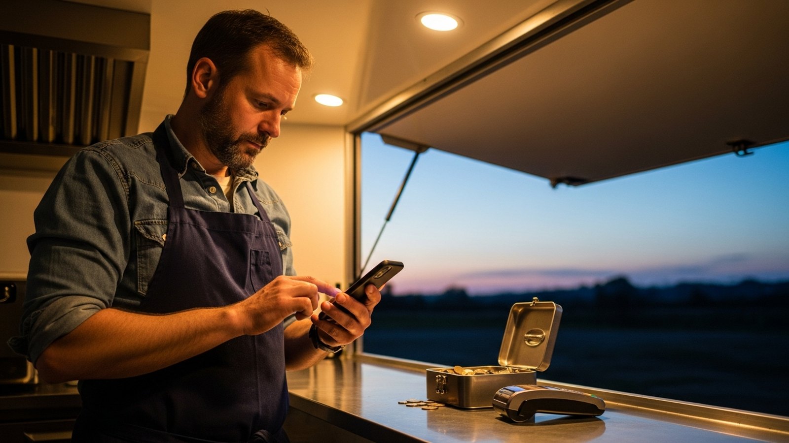 A caterer logging the day's takings on his phone at the end of service