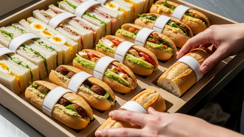Freshly made UK sandwiches and baguettes packed in a delivery tray ready to deliver to offices