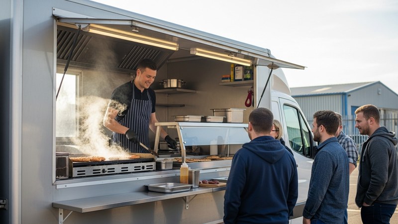A UK mobile caterer cooking burgers and serving a small queue of customers from a catering van at an industrial estate