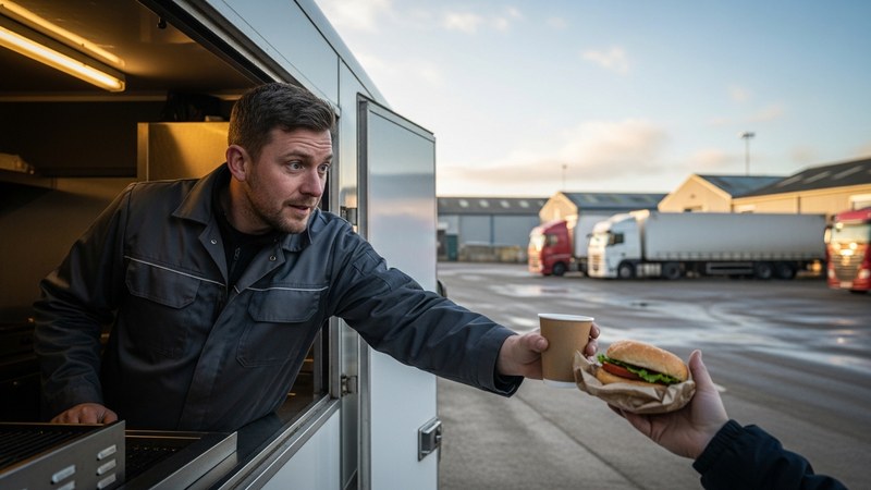 A mobile caterer handing tea and a burger to his first customer from a catering van at a truck depot in the early morning