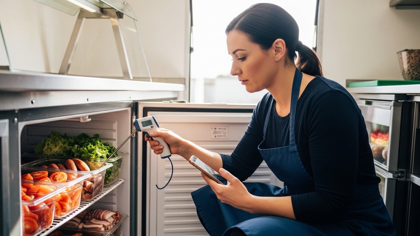 A caterer checking her fridge temperature with a probe thermometer and logging it on her phone