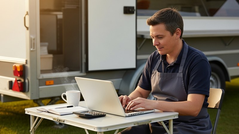 A UK mobile caterer doing paperwork on a laptop at a fold-out table beside their catering trailer