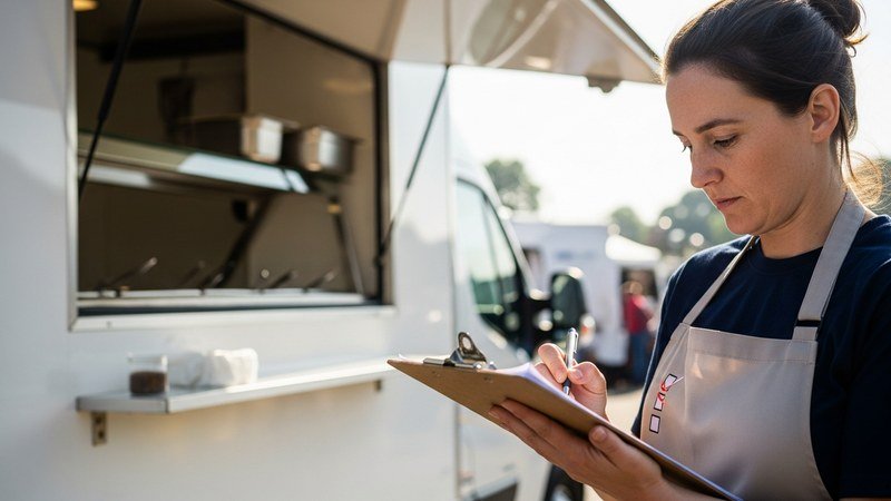 A UK mobile caterer ticking off a clipboard checklist beside their catering van