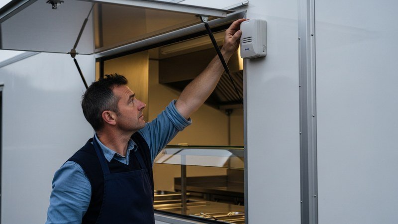 A UK mobile caterer fitting a security alarm unit beside the serving hatch of his catering trailer