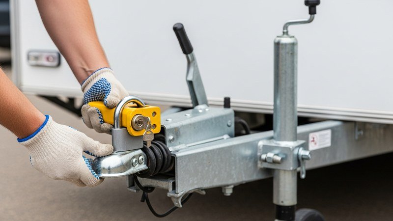Fitting a heavy-duty steel coupler lock to the tow hitch of a catering trailer