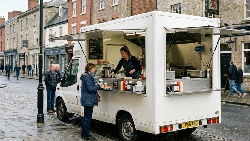 A white catering van conversion trading on a UK high street
