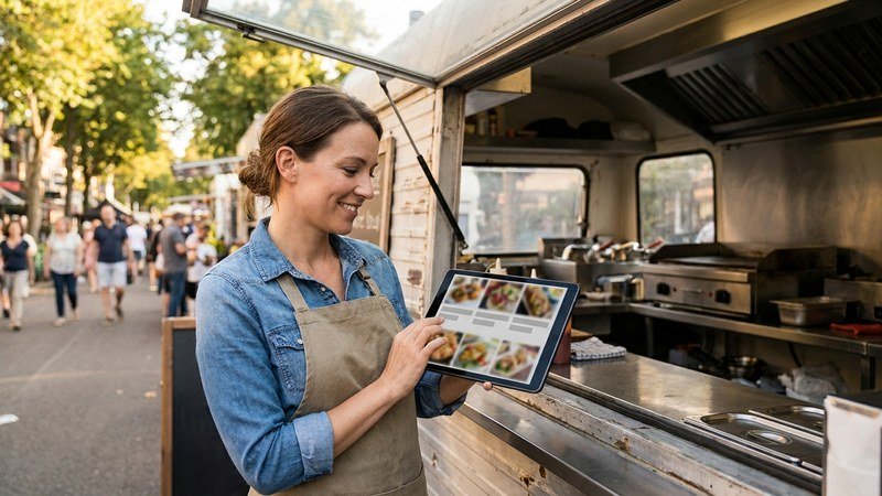 Mobile caterer looking at her new catering website on a tablet beside her trailer