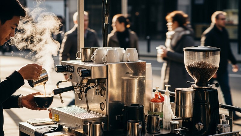 A mobile coffee cart at a city-centre commuter spot, a barista pouring a flat white