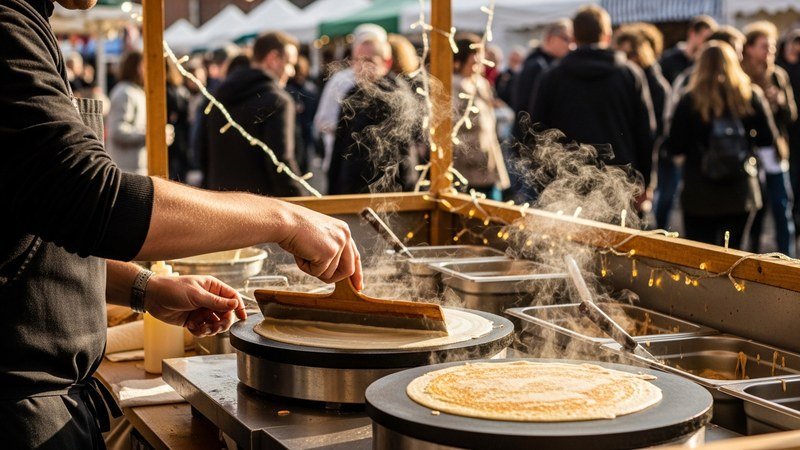 A UK street-food vendor cooking a fresh crepe on a round crepe griddle at a market stall