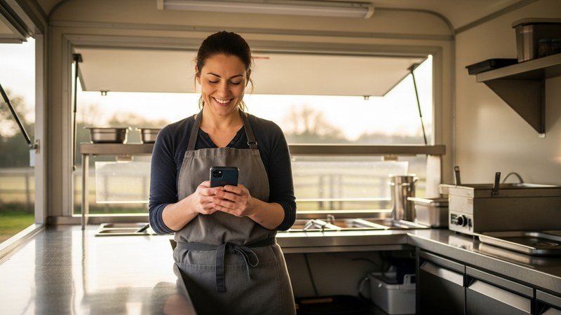 Mobile caterer checking a website booking enquiry on her phone at her trailer