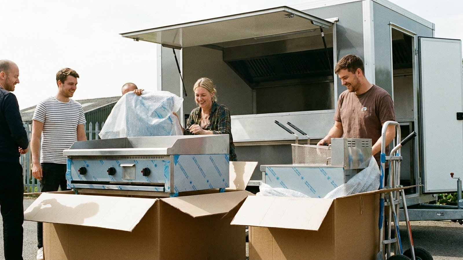 Caterers unboxing brand new griddle and fryer beside their catering trailer