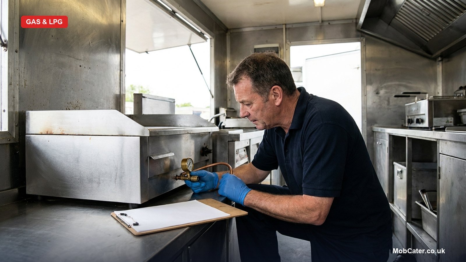 A Gas Safe engineer testing the LPG pipework inside a UK mobile catering trailer and filling in the inspection paperwork