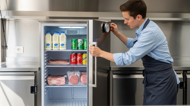 A mobile caterer checking the temperature of a stainless catering fridge stocked with milk and drinks