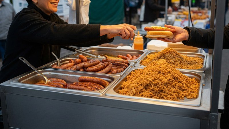 A UK street hot dog cart with sausages in a bain marie and fried onions, a vendor serving a hot dog