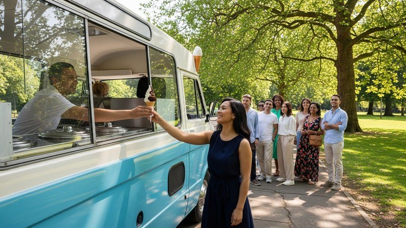 A classic British ice cream van serving a soft-serve 99 by a sunny park