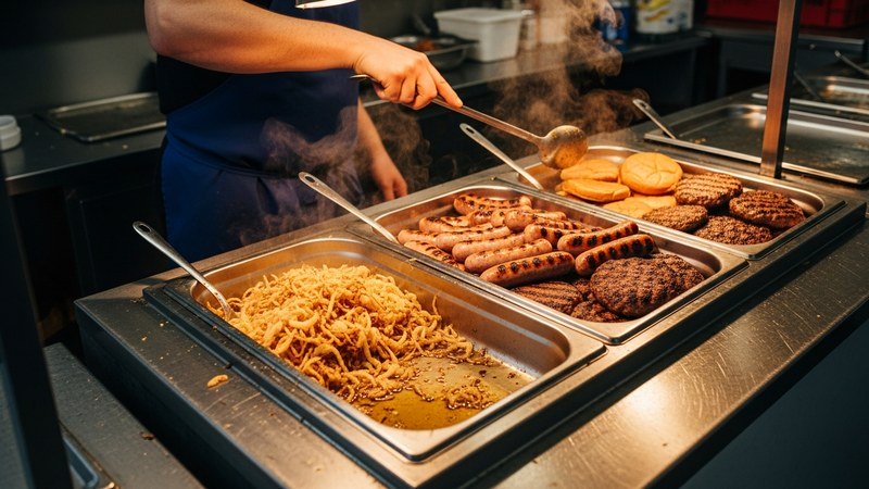 A stainless bain marie with gastronorm pans of hot cooked food on a catering trailer counter