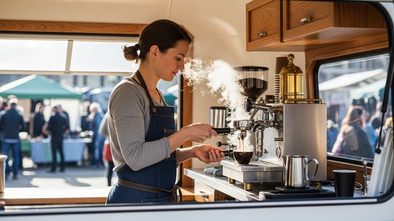 A UK mobile coffee vendor pulling a fresh espresso on a gas coffee machine inside her coffee trailer at a market