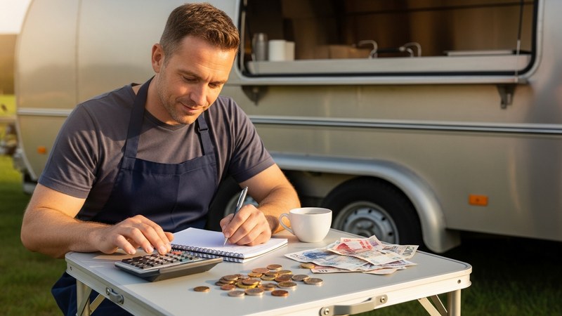 A UK mobile caterer working out a startup budget with a calculator and notepad beside their catering trailer