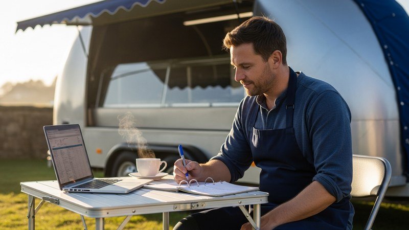 A UK mobile caterer reviewing funding paperwork on a laptop at a table beside their catering trailer