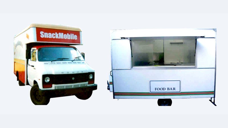 David's first two catering vehicles - the SnackMobile van and the Food Bar trailer