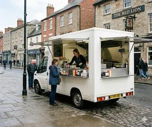 Mobile catering van with serving hatch open showing stainless steel interior