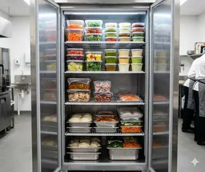 Mobile catering van fridge storing chilled and frozen food overnight for safe temperature control