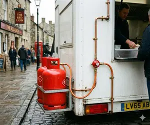 Propane gas bottles connected to a mobile catering van with safety regulator