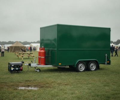British racing green twin-axle catering trailer with a diesel generator sited apart from secured LPG cylinders