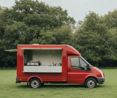 Red converted burger van with an open serving hatch parked beside a grassy UK common
