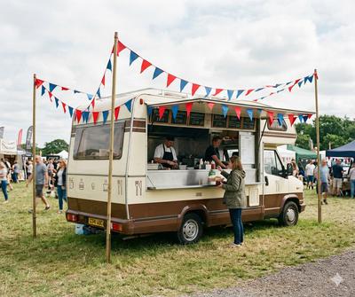Converted motorhome set up as a mobile catering unit for street food