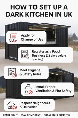 Dark kitchen setup guide UK — step-by-step infographic by MobCater on change of use, food registration, hygiene, and fire safety