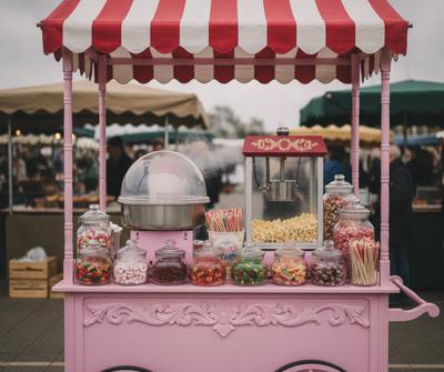 Pink traditional confectionery cart with candyfloss and popcorn machines at a UK outdoor market