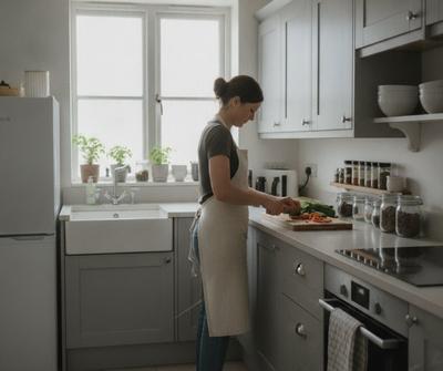 Home caterer preparing food in a clean grey home kitchen set up for a food business