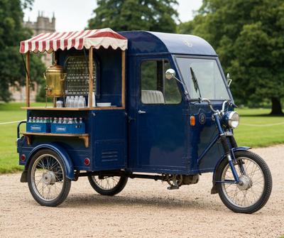 Navy blue vintage three-wheeled coffee and tea trike parked in National Trust parkland