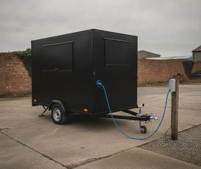 Black single-axle catering trailer plugged into a mains hook-up point on a UK hardstanding