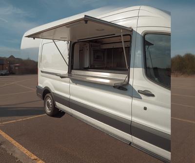 Mobile catering van with serving hatch ready for business