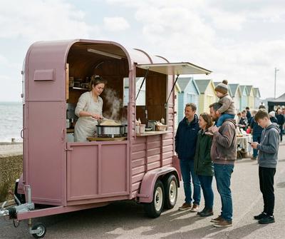 Dusky pink converted horse trailer creperie serving customers at a busy UK seaside market