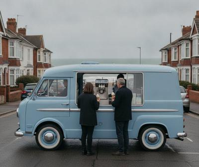 Powder blue classic ice cream van serving two customers at the open side hatch on a UK seaside street